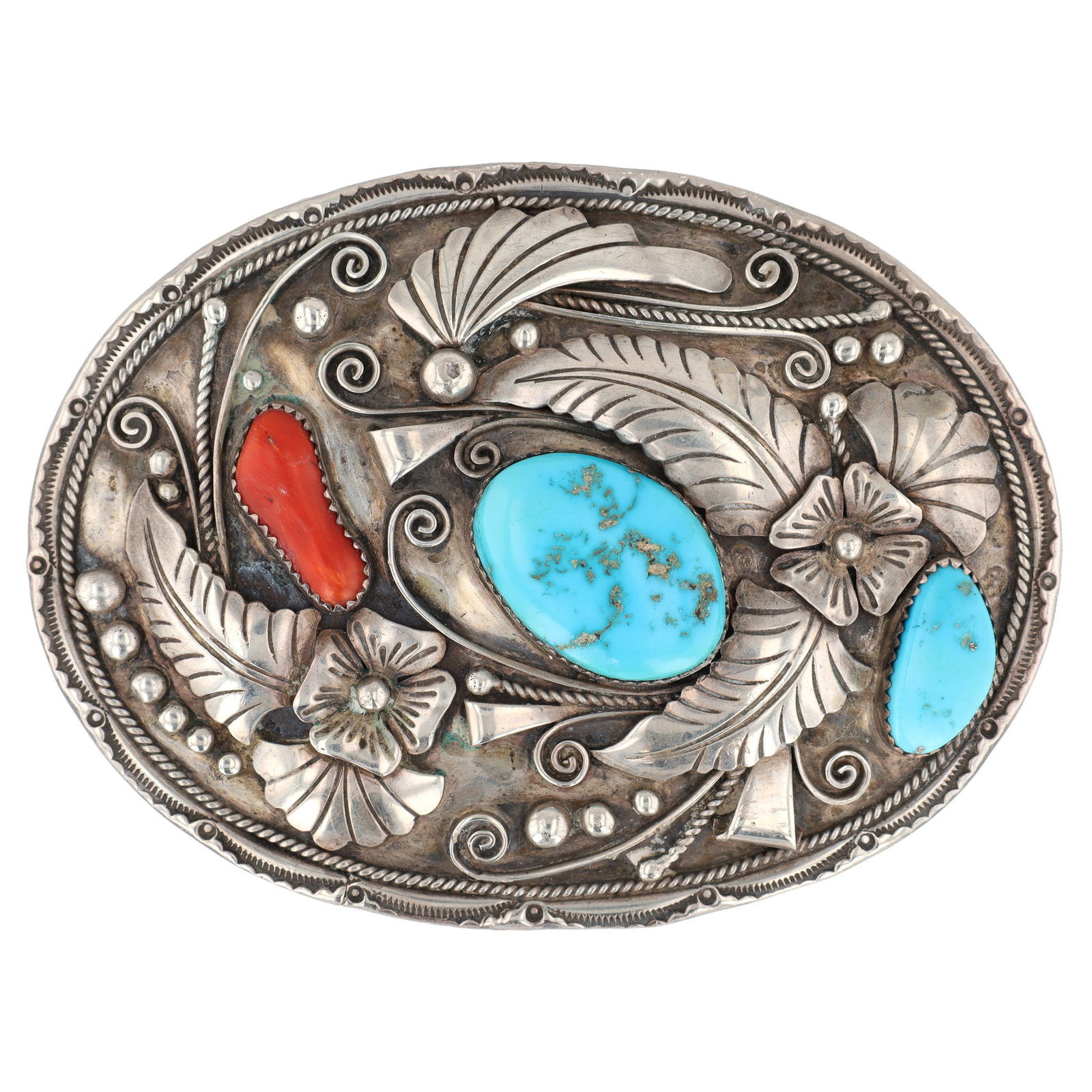 Signed 'B' and Gilbert Ortega Shop Navajo Sterling Turquoise Coral Belt Buckle: Signed 'B' and Gilbert Ortega Shop Navajo Sterling Turquoise Coral Belt Buckle 51.5g