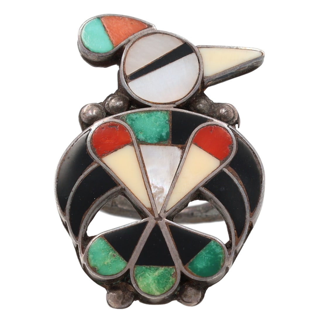 Vintage Zuni Sterling Multi Stone Thunderbird Inlay Ring Sz 6.25 (1 of 5)