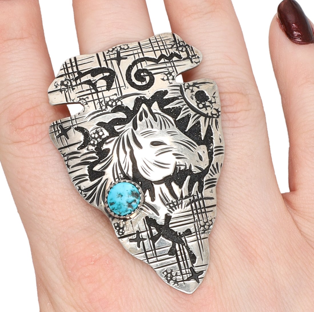 Richard Singer Navajo Sterling Storyteller Turquoise Horse Ring (1 of 8)