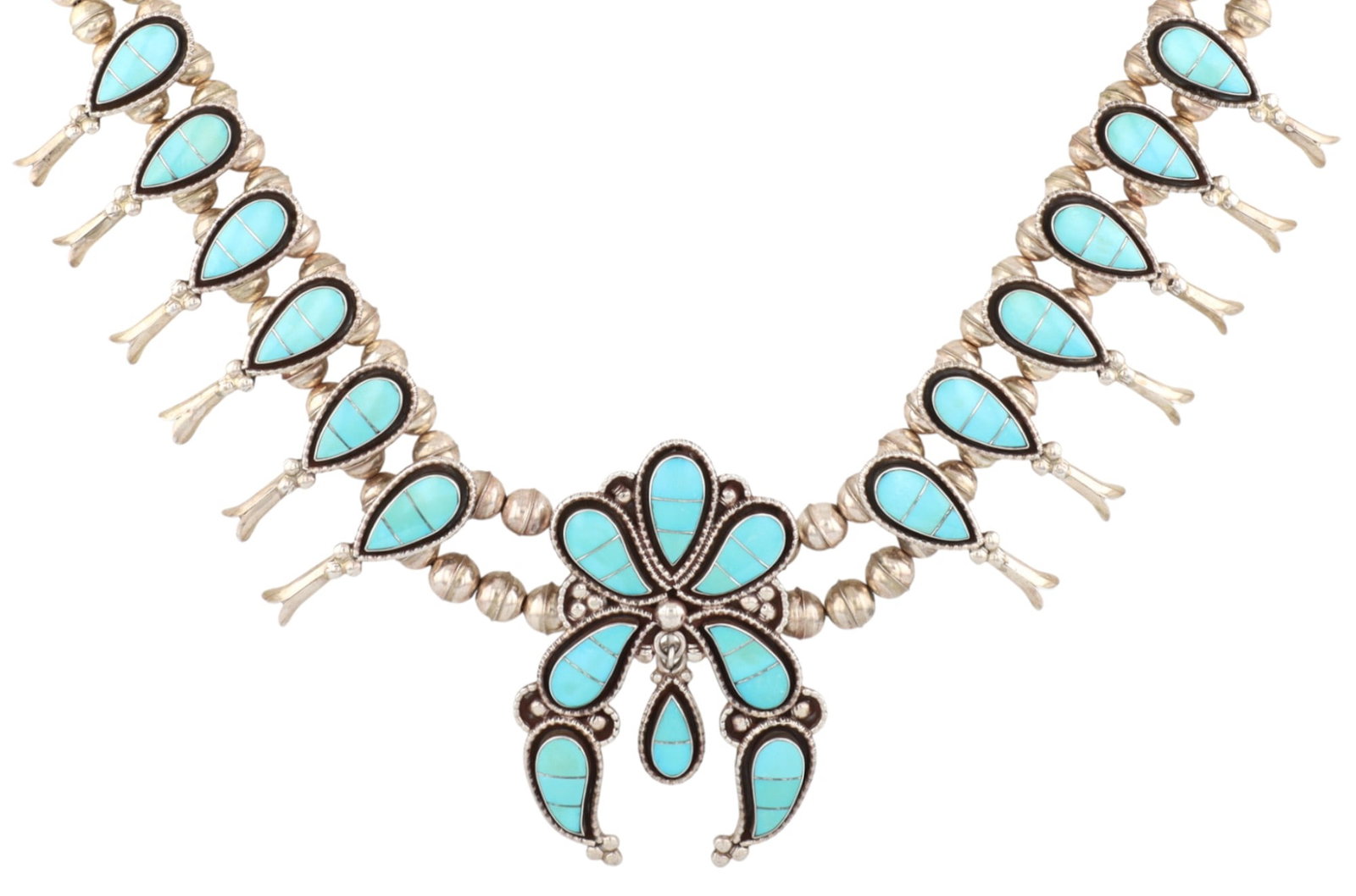 Dion Lowsayatee Zuni Sterling Turquoise Inlay Squash Blossom Necklace (1 of 6)