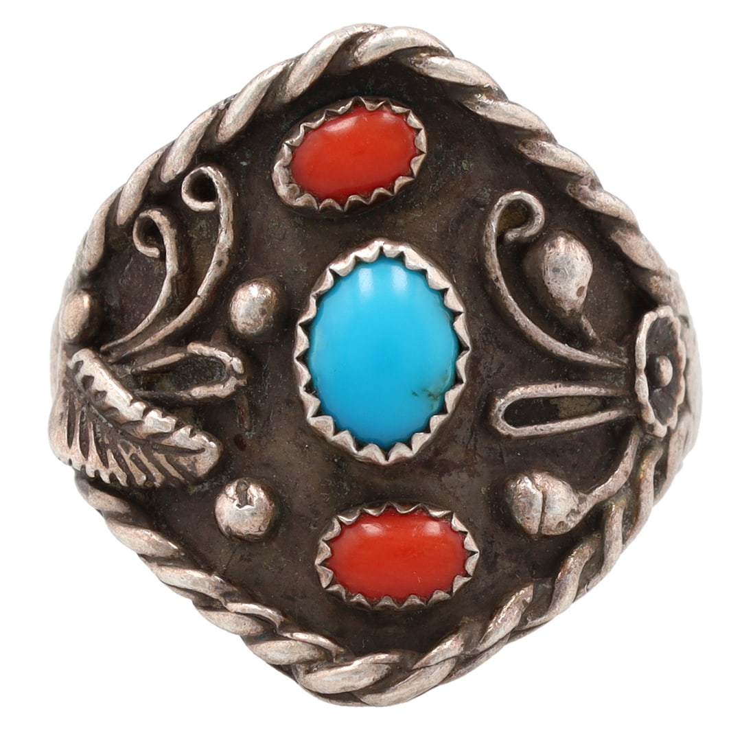 Pictomark Signed Vintage Navajo Sterling Coral Turquoise Men's Ring Sz 13 (1 of 6)