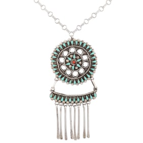 Lois Tzuni Zuni Sterling Coral Turquoise Petit Point Cluster Necklace