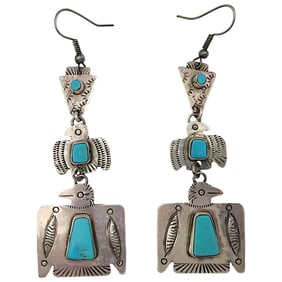 Vernon Begay Navajo Sterling Turquoise Thunderbird Tier Dangle Earrings