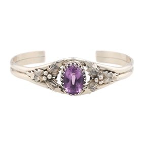 Signed 'ED' Navajo Sterling Amethyst Cuff Bracelet