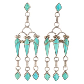 Vintage Zuni Sterling Turquoise Inlay Dangle Earrings
