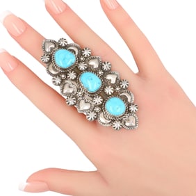 Outstanding Chris Etsitty Navajo Sterling Turquoise Finger Length Ring Sz 9