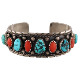 Signed Navajo Sterling Coral Turquoise Cuff Bracelet