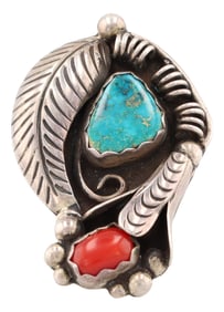 Vintage Navajo Sterling Turquoise Coral Squash Blossom Ring Sz 7.5