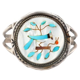 Richard Begay Navajo Sterling Blue Jay Inlay Cuff Bracelet