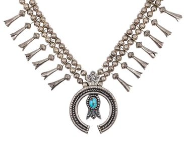 Vintage Navajo Sterling Turquoise Squash Blossom Necklace