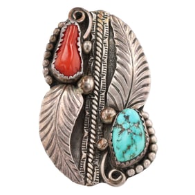 Signed 'RY' Navajo Coral Turquoise Feather Ring Sz 7.5
