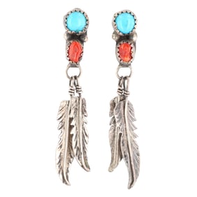 Vintage Navajo Sterling Coral Turquoise Feather Earrings