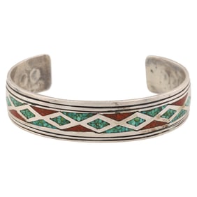 Charlie Singer Navajo Sterling Turquoise Coral Crushed Inlay Cuff Bracelet
