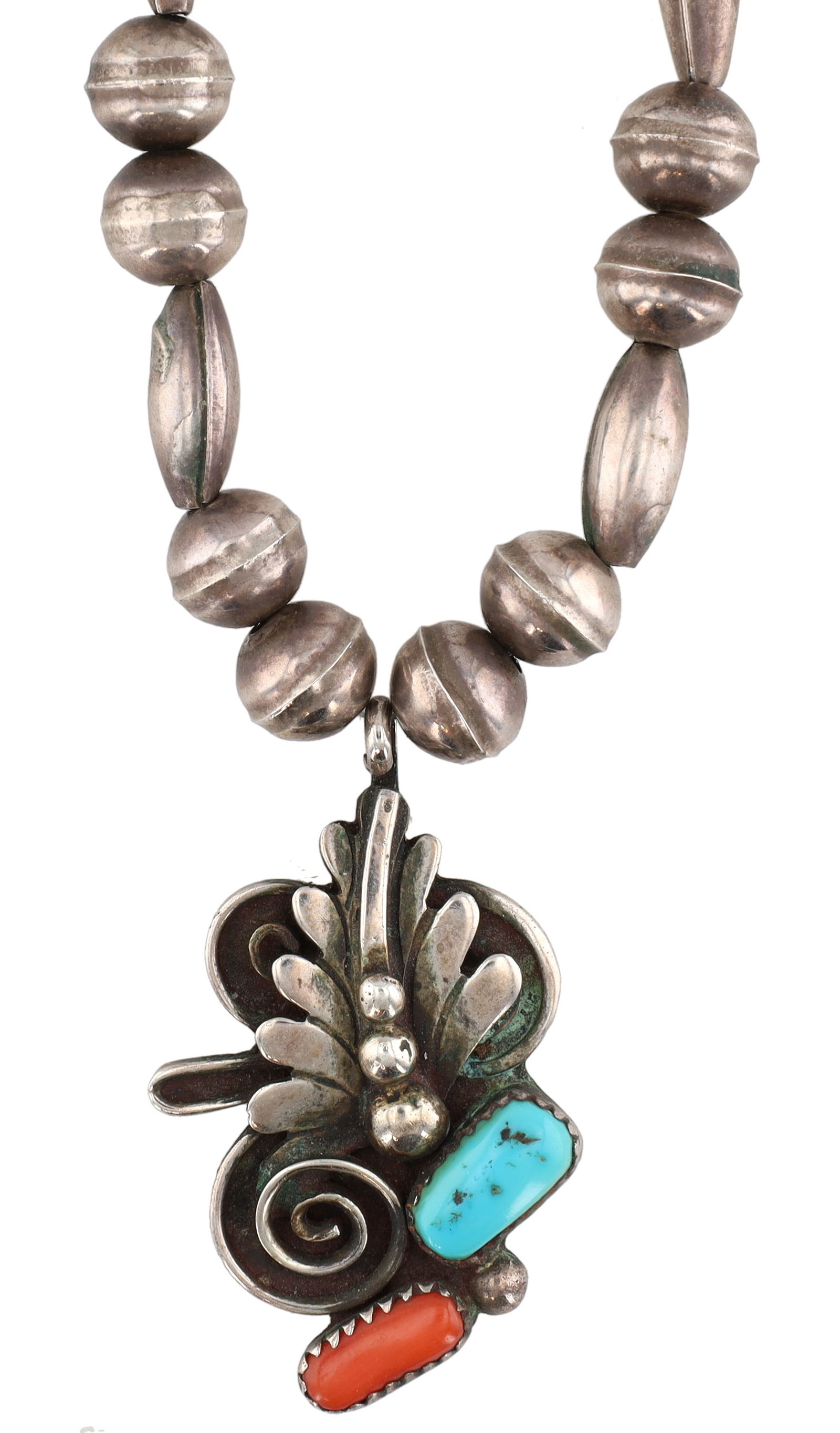 Signed 'CJ' Navajo Vintage Sterling Turquoise Coral Handmade Bead Necklace: Signed 'CJ' Navajo Vintage Sterling Turquoise Coral Handmade Bead Necklace 29.3g