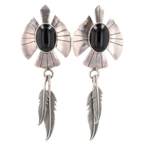 Navajo Sterling Onyx Feather Dangle Earrings