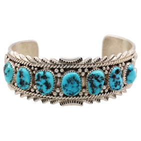 Signed 'RB' Navajo Sterling Turquoise Row Cuff Bracelet