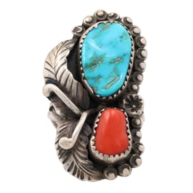 Lambert Livingston Navajo Vintage Sterling Turquoise Coral Ring Sz 6