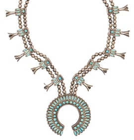 Vintage Navajo Sterling Turquoise Cluster Squash Blossom Necklace