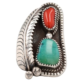 Signed 'Lo' Navajo Sterling Coral Turquoise Ring Sz 7