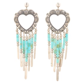 Quoc Trading Sterling Stamped Heart Turquoise Fringe Earrings