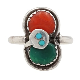 Effie Calavaza Zuni Sterling Turquoise Coral Snake Ring Sz 7.25