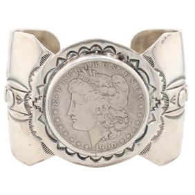 WOW! Ronald Tom Navajo USA Sterling 1900 Morgan Dollar Stamped Cuff Bracelet