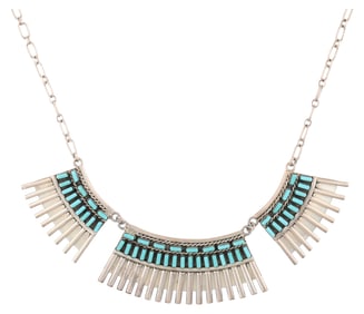 Signed 'AB' Zuni Sterling Needlepoint Cluster Turquoise Necklace