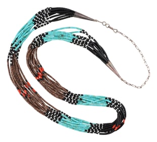 Santo Domingo Sterling Multi Strand Turquoise Coral Shell Heishi Necklace