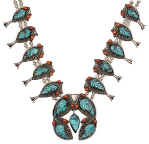 335g! Signed Navajo Sterling Carved Turquoise Coral Squash Blossom Necklace