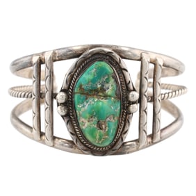 Vintage Navajo Sterling Stamped Chunky Turquoise Cuff Bracelet