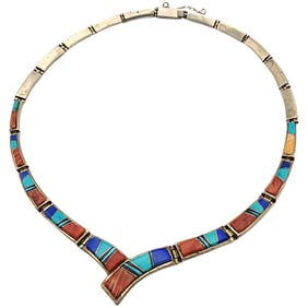 Calvin Begay Navajo Sterling Multi Stone Inlay Necklace