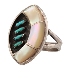 Rena King Zuni Sterling Turquoise and Mother of Peal Inlay Ring Sz 7.5