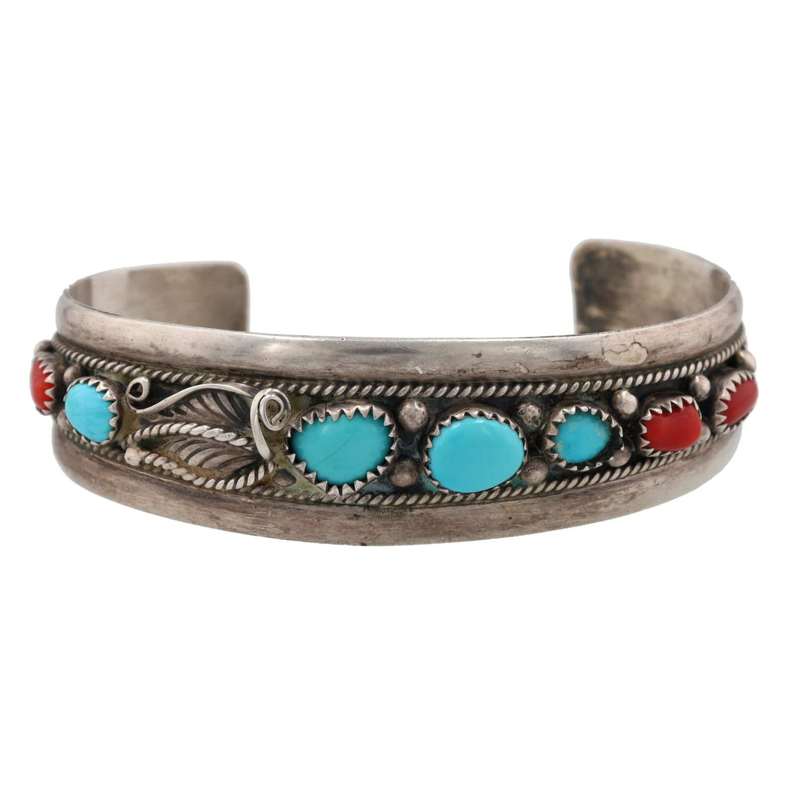 Signed Navajo Sterling Coral Turquoise Cuff Bracelet (1 of 7)