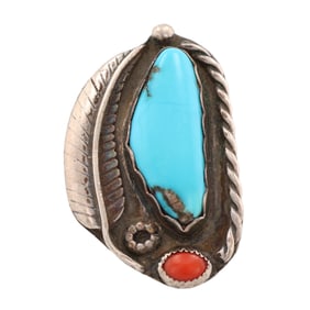 Signed 'RV' Navajo Sterling Coral Turquoise Ring Sz 11.75