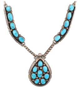 Signed 'K' Navajo Sterling Turquoise Cluster Necklace