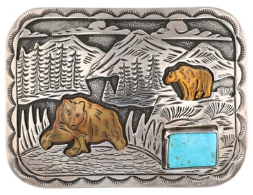 Signed 'W' Navajo Sterling Turquoise Storyteller Bear Belt Buckle