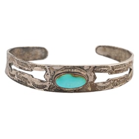 Fred Harvey Era Sterling Turquoise Arrow Thunderbird Stamped Cuff Bracelet