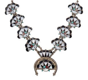 William Zunie Zuni Sterling Sunface Inlay Squash Blossom Necklace