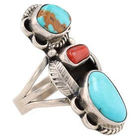 Navajo Sterling Turquoise Coral Ring Sz 10.25