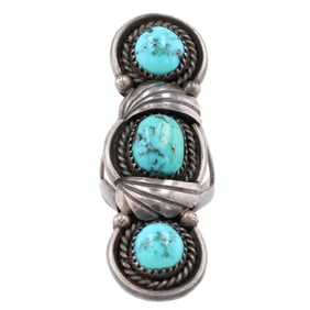 Signed 'BJ' Navajo Sterling Triple Turquoise Ring Sz 7