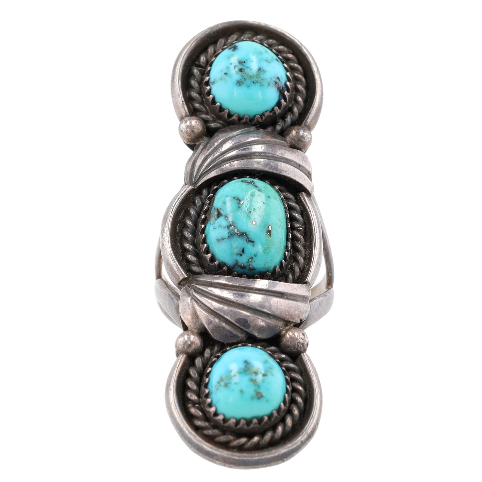 Signed 'BJ' Navajo Sterling Triple Turquoise Ring Sz 7 (1 of 6)