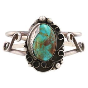 Signed 'J' Navajo Vintage Sterling Turquoise Scroll Cuff Bracelet