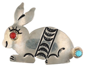 Navajo Sterling Turquoise Coral Stampwork Bunny Brooch