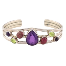 Patrick Yazzie Navajo Sterling Amethyst Multi Stone Cuff Bracelet