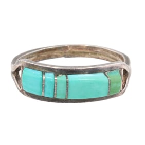 Chester and Sheraldine Lonjose Zuni Sterling Raised Turquoise Inlay Ring Sz 6.5