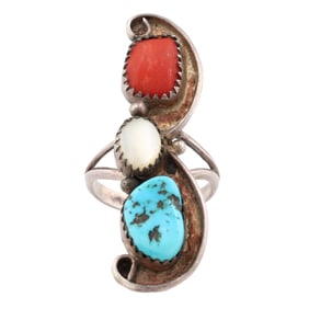 Signed 'TBS' Navajo Vintage Sterling Turquoise Coral Ring Sz 6.5