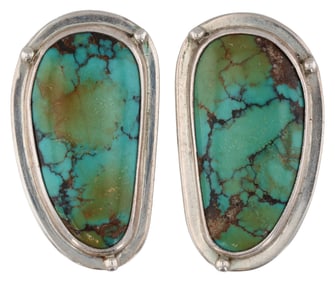 Signed 'Obsidian' Sterling Large Turquoise Earrings