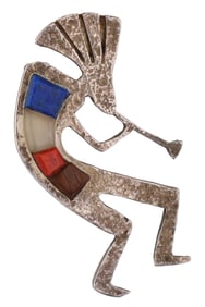 Bennard & Frances Dallasvuyaoma Hopi/Pima Sterling Inlay Kokopelli Brooch