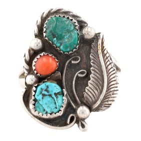 Signed Spencer Navajo Sterling Turquoise Coral Men's Ring Sz 13