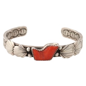 Stunning Navajo Sterling Carved Coral Double Stamped Cuff Bracelet